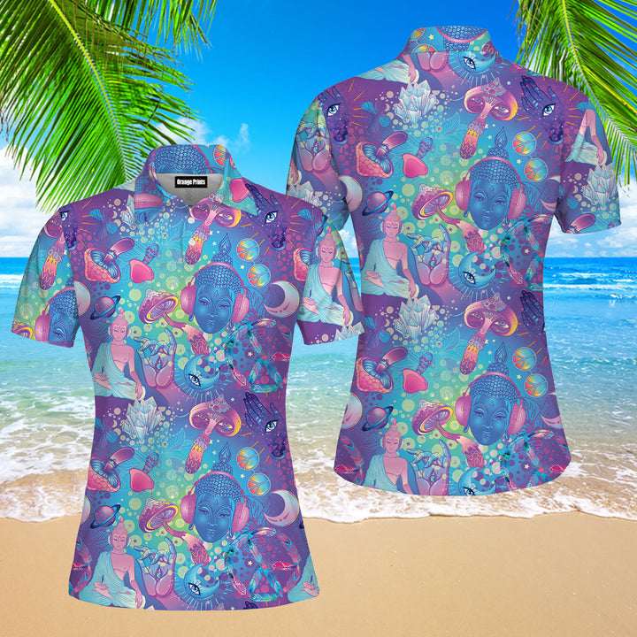 Trippy Hippie Neon Mushroom Polo Shirt For Women