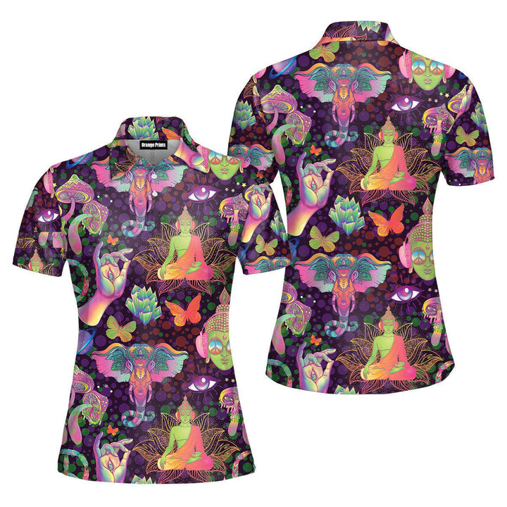 Trippy Mushrooms Peace Sign Acid Buddha And Butterflie Polo Shirt For Women