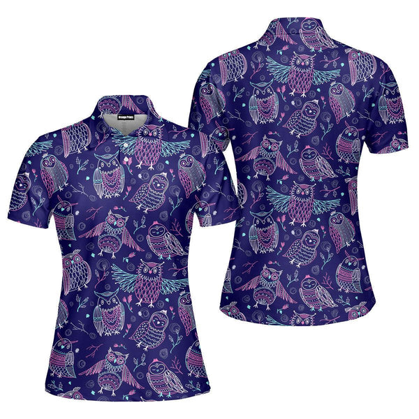 Tropical Colorful Neon Owl Polo Shirt For Women