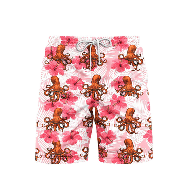 Tropical Flowers Hibiscus Octopus Pink Flowers Beach Shorts For Men