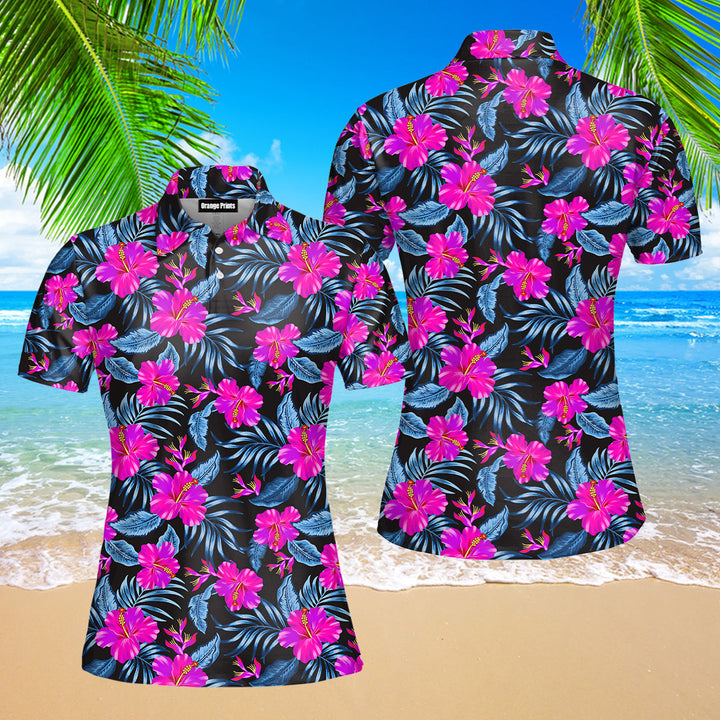 Tropical Flowers Hibiscus Polo Shirt For Women