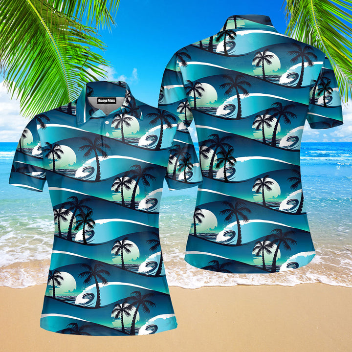 Tropical Hibiscus Palm Trees At Sunset Polo Shirt For Women