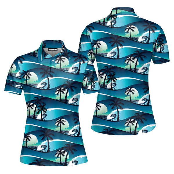 Tropical Hibiscus Palm Trees At Sunset Polo Shirt For Women