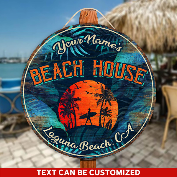 Tropical Leaf Beach House Custom Round Wood Sign | Home Decoration | Waterproof | WN1215-Colorful-Gerbera Prints.