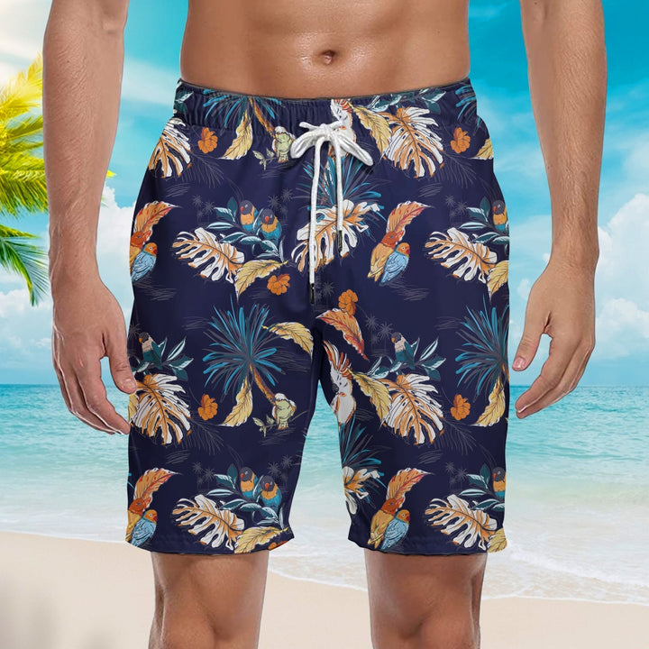 Tropical Leaf With Exotic Parrot Birds Beach Shorts For Men