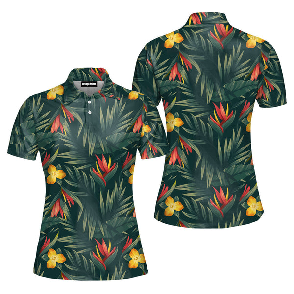 Tropical Leaves And Flowers Polo Shirt For Women