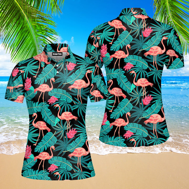 Tropical Leaves Flamingo Polo Shirt For Women