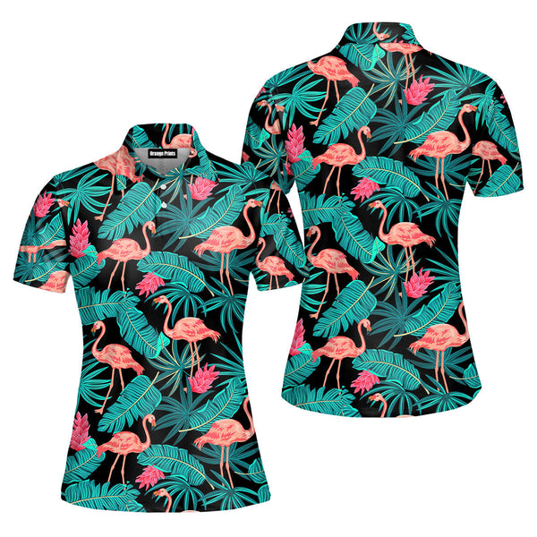 Tropical Leaves Flamingo Polo Shirt For Women