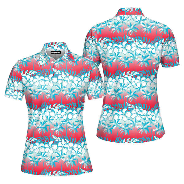 Tropical Palm Tree With Hibiscus Flowers Polo Shirt For Women