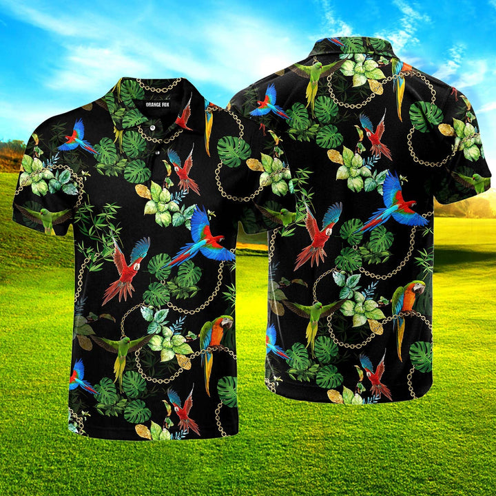 Tropical Parot With Gold Chains Leaves Polo Shirt For Men