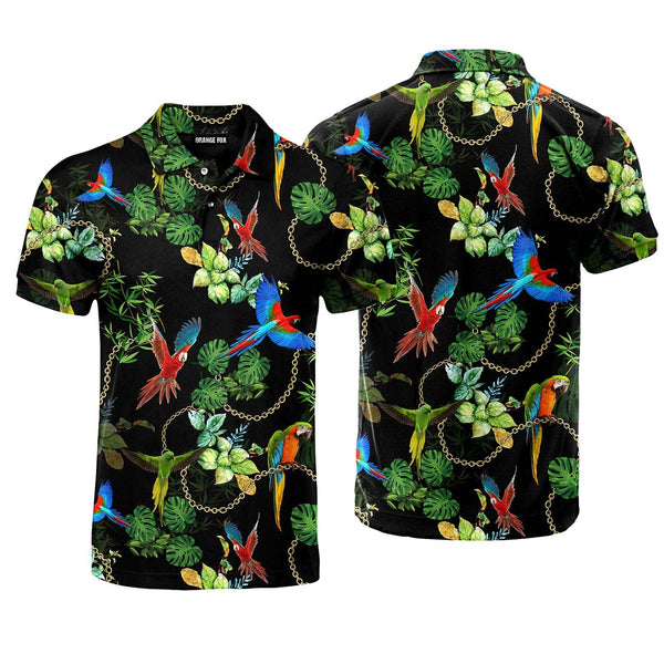 Tropical Parot With Gold Chains Leaves Polo Shirt For Men