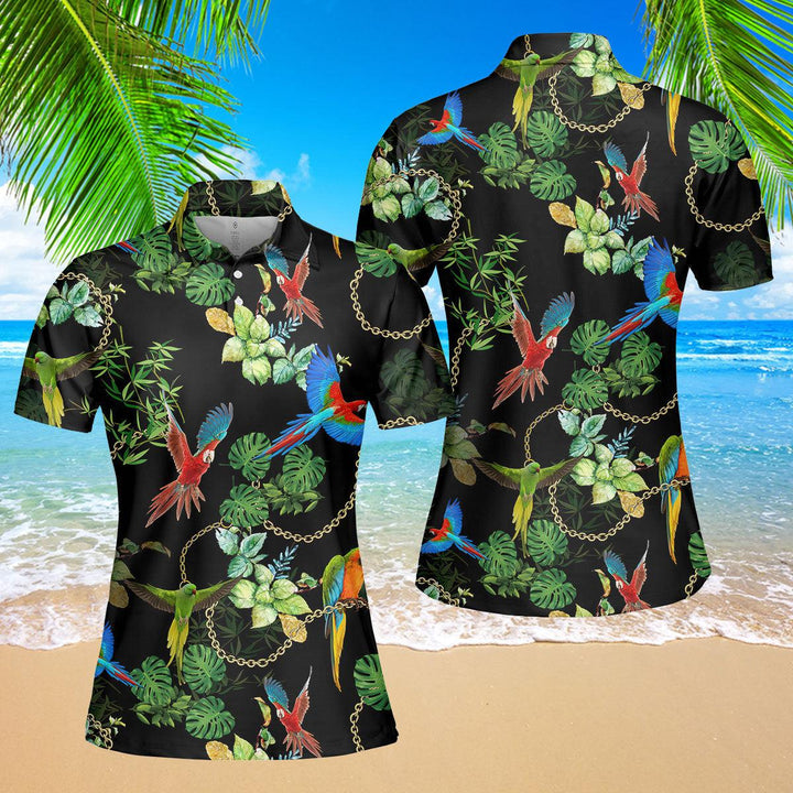 Tropical Parot With Gold Chains Leaves Polo Shirt For Women