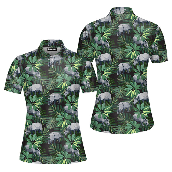 Tropical Rhino Wild Animals Plant Floral Polo Shirt For Women