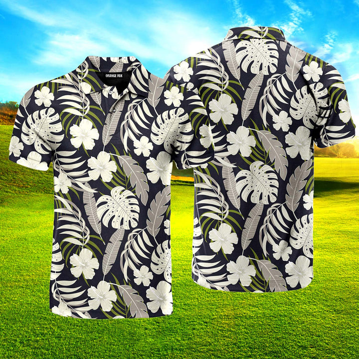 Tropical Seamless With White Flowers And Plants Pattern Polo Shirt For Men