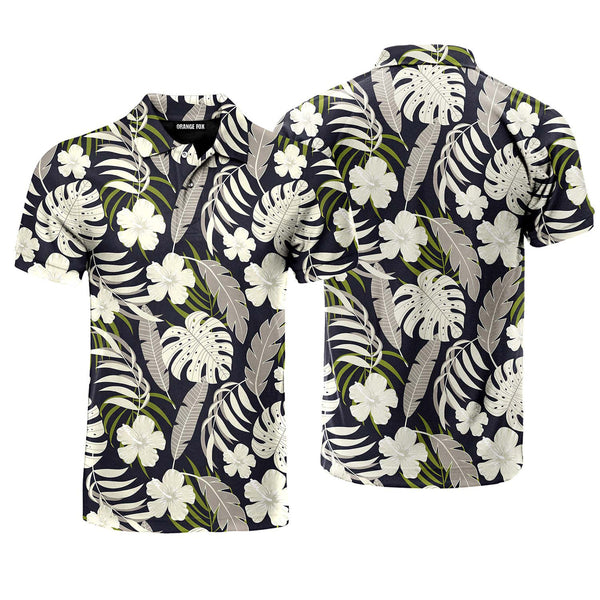 Tropical Seamless With White Flowers And Plants Pattern Polo Shirt For Men