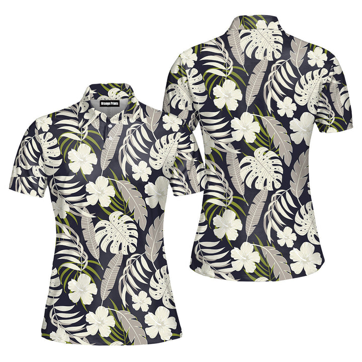 Tropical Seamless With White Flowers And Plants Pattern Polo Shirt For Women