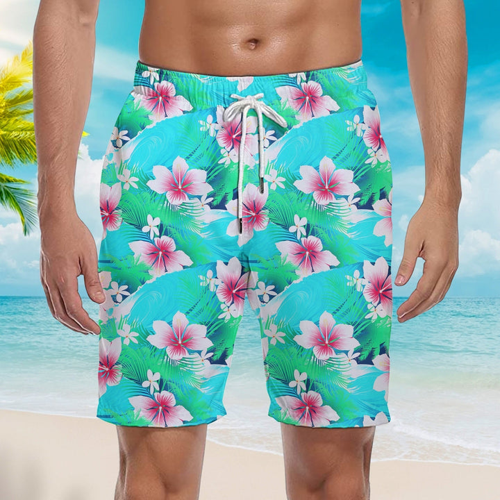 Tropical White Hibiscus Flowers With Green Leaves Beach Shorts For Men