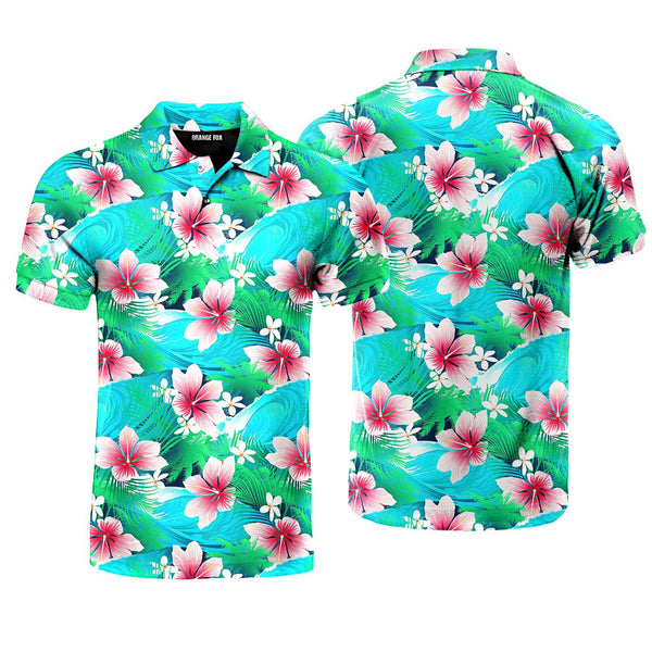 Tropical White Hibiscus Flowers With Green Leaves Polo Shirt For Men