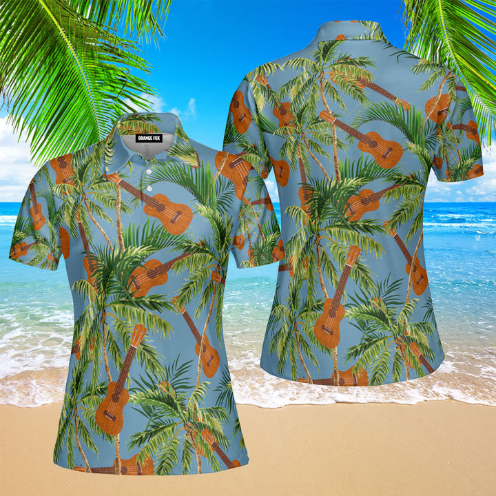 Ukulele Lovers Coconut Tree Tropical Summer Paradise Polo Shirt For Women