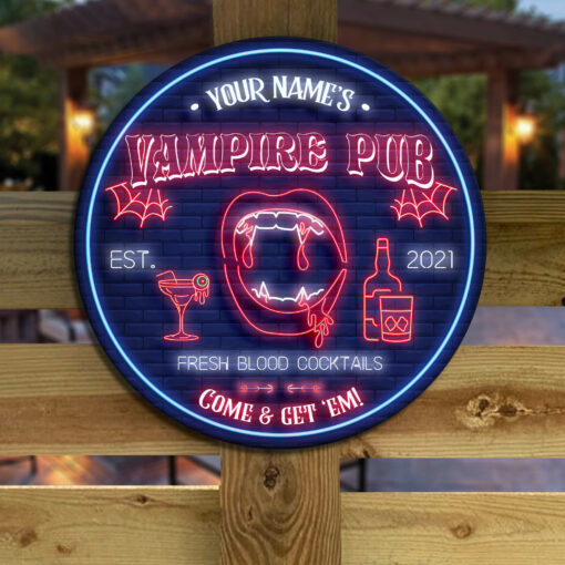 Vampire Pub Custom Round Wood Sign | Home Decoration | Waterproof | WN1210-Colorful-Gerbera Prints.
