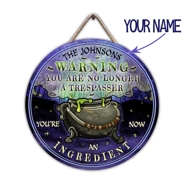 Warning Witch Halloween Custom Round Wood Sign | Home Decoration | Waterproof | WN1363-Colorful-Gerbera Prints.