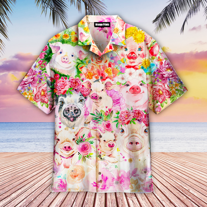 Watercolor Pigs Flowers Tropical Aloha Hawaiian Shirts For Men And For Women WT3084