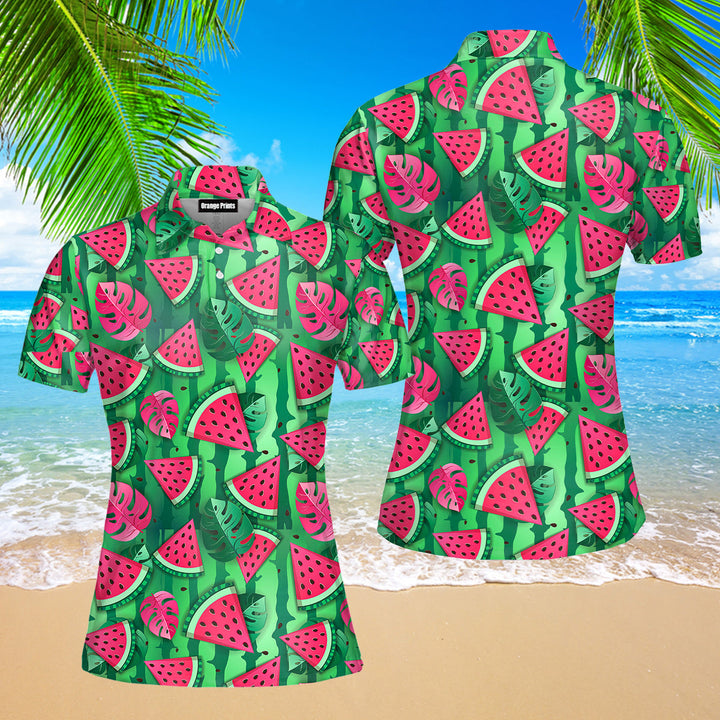 Watermelon Slices And Tropic Leaves Polo Shirt For Women