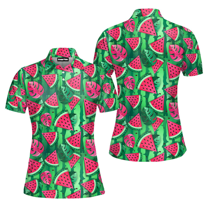 Watermelon Slices And Tropic Leaves Polo Shirt For Women