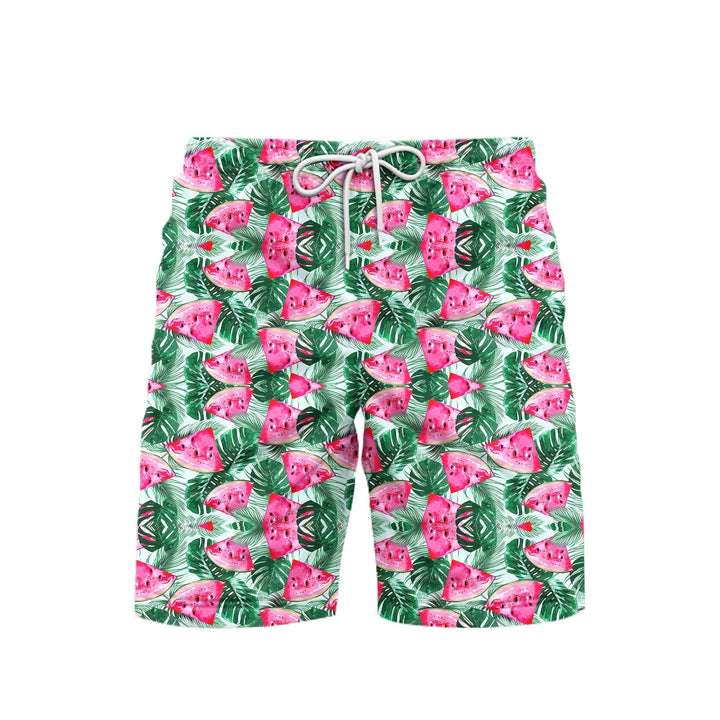 Watermelon Tropical Green Leaf Beach Shorts For Men