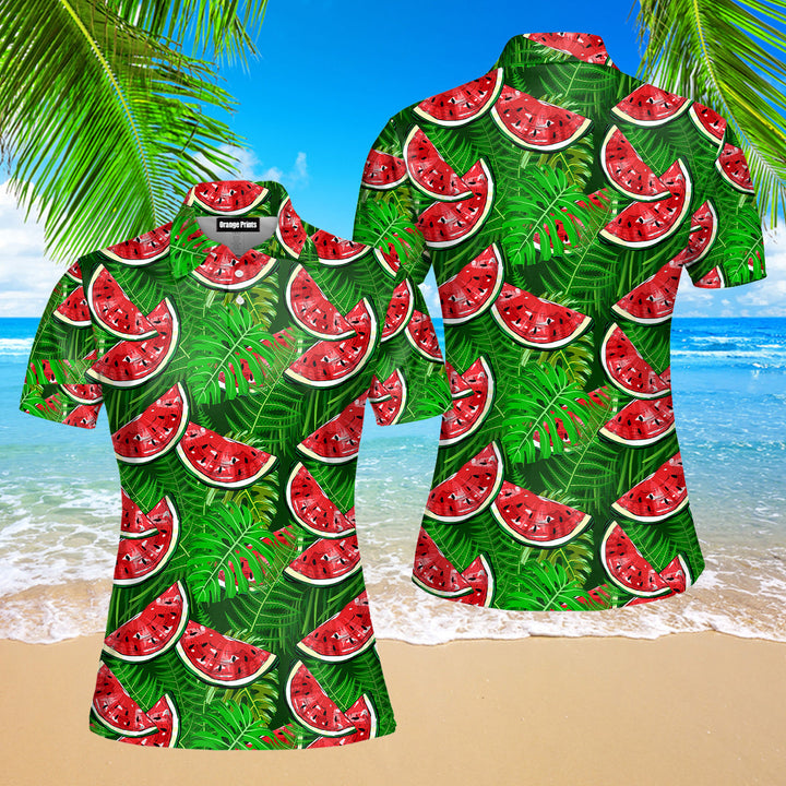 Watermelon With Tropical Leaves Polo Shirt For Women