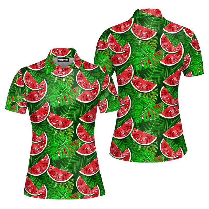 Watermelon With Tropical Leaves Polo Shirt For Women