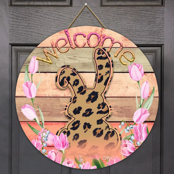 Welcome Bunny Easter Sample Round Wood Sign | Home Decoration | Waterproof | WS1068-Colorful-Gerbera Prints.
