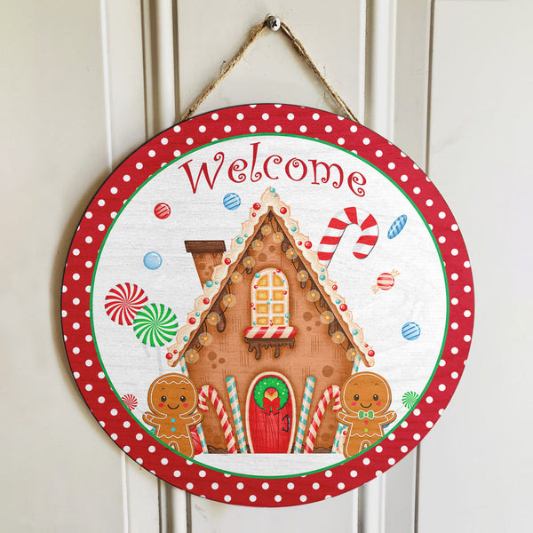 Welcome Gingerbread Men Candy Canes Round Wood Sign | Home Decoration | Waterproof | WS1229-Colorful-Gerbera Prints.