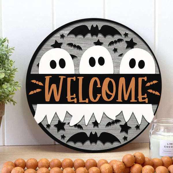 Welcome Halloween Party Round Wood Sign | Home Decoration | Waterproof | WS1242-Gerbera Prints.