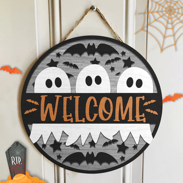 Welcome Halloween Party Round Wood Sign | Home Decoration | Waterproof | WS1242-Colorful-Gerbera Prints.