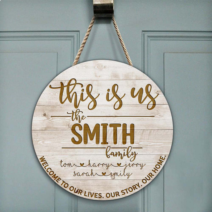 Welcome Sign, Family Custom Round Wood Sign | Home Decoration | Waterproof | WN1644-Gerbera Prints.