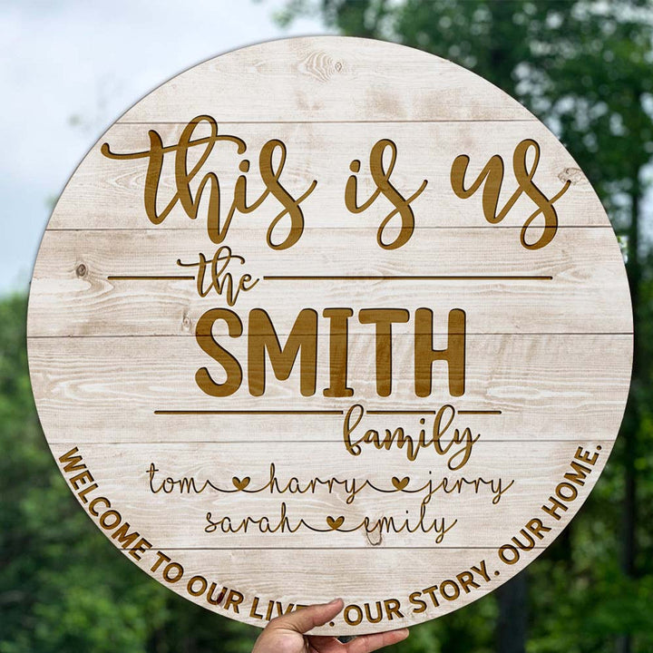 Welcome Sign, Family Custom Round Wood Sign | Home Decoration | Waterproof | WN1644-Gerbera Prints.