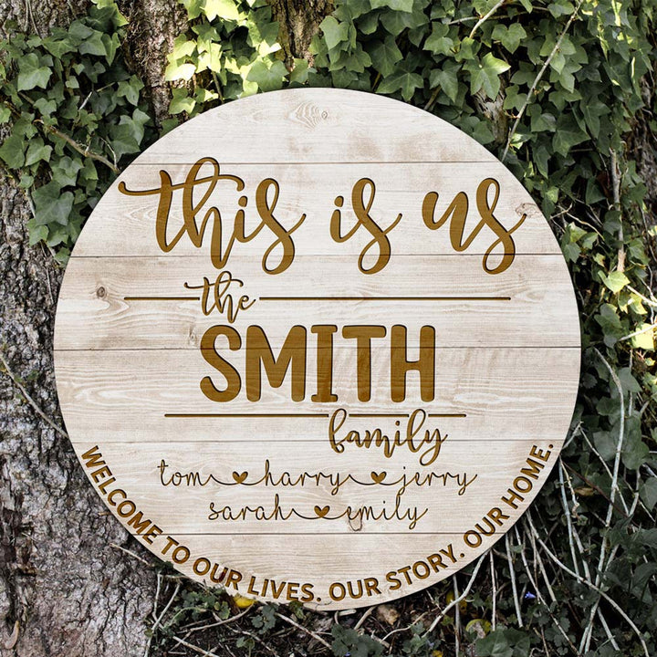 Welcome Sign, Family Custom Round Wood Sign | Home Decoration | Waterproof | WN1644-Colorful-Gerbera Prints.