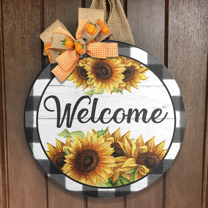 Welcome Sign - Sunflower Decoration - Rustic Housewarming Gift Home Decor Round Wood Sign | Home Decoration | Waterproof | WS1260-Gerbera Prints.