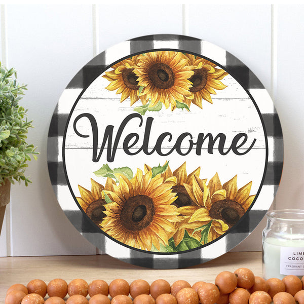 Welcome Sign - Sunflower Decoration - Rustic Housewarming Gift Home Decor Round Wood Sign | Home Decoration | Waterproof | WS1260-Colorful-Gerbera Prints.