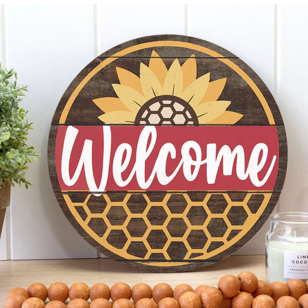 Welcome - Sunflower - Honey Comb Door Hanger Decor - Autumn Housewarming Gift - Fall Decor Round Wood Sign | Home Decoration | Waterproof | WS1247-Gerbera Prints.
