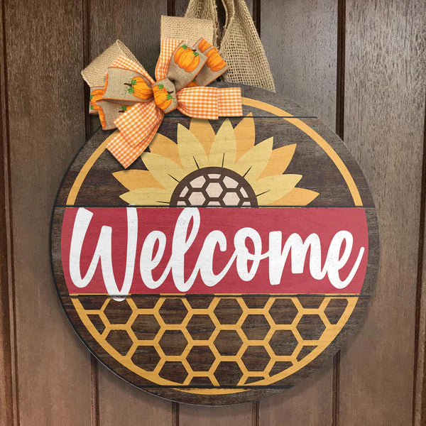 Welcome - Sunflower - Honey Comb Door Hanger Decor - Autumn Housewarming Gift - Fall Decor Round Wood Sign | Home Decoration | Waterproof | WS1247-Gerbera Prints.
