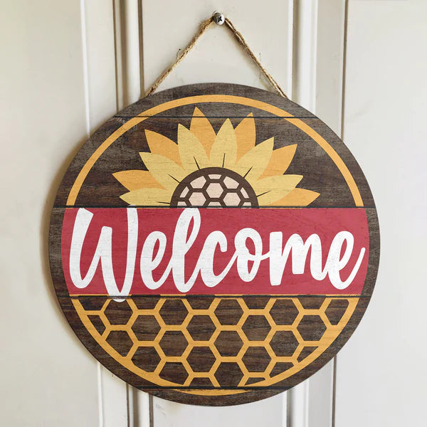 Welcome - Sunflower - Honey Comb Door Hanger Decor - Autumn Housewarming Gift - Fall Decor Round Wood Sign | Home Decoration | Waterproof | WS1247-Colorful-Gerbera Prints.