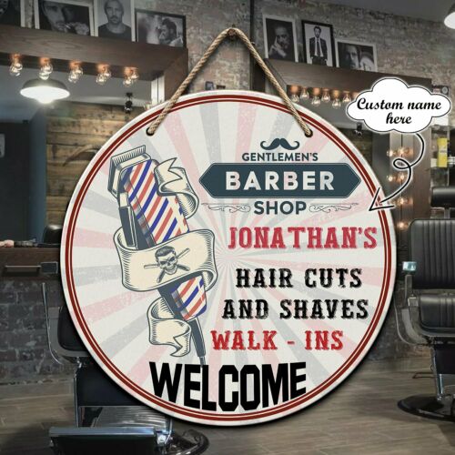 Welcome To Our Barber Shop Custom Round Wood Sign | Home Decoration | Waterproof | WN1560-Colorful-Gerbera Prints.