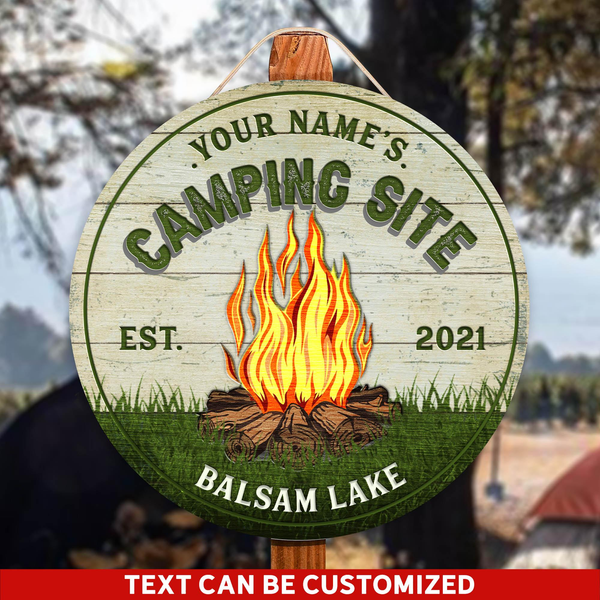 Welcome To The Camping Site Custom Round Wood Sign | Home Decoration | Waterproof | WN1224-Colorful-Gerbera Prints.