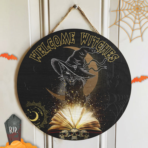 Welcome Witches Black Spooky Halloween Round Wood Sign | Home Decoration | Waterproof | WS1228-Colorful-Gerbera Prints.