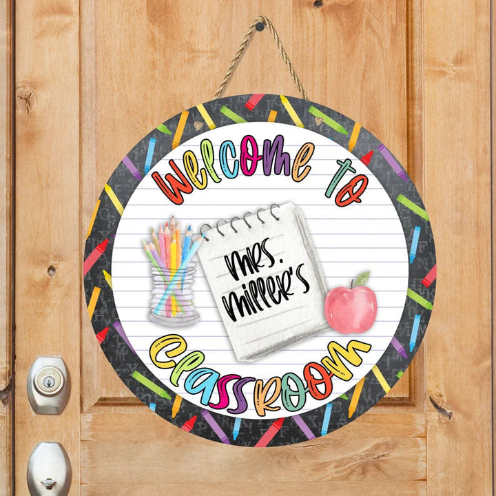 Welcome to Classroom Custom Round Wood Sign | Home Decoration | Waterproof | WN1654-Colorful-Gerbera Prints.
