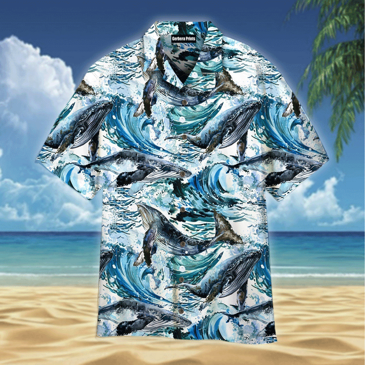Whales Sea Wave Blue Ocean Pattern Aloha Hawaiian Shirts For Men And For Women WT1773