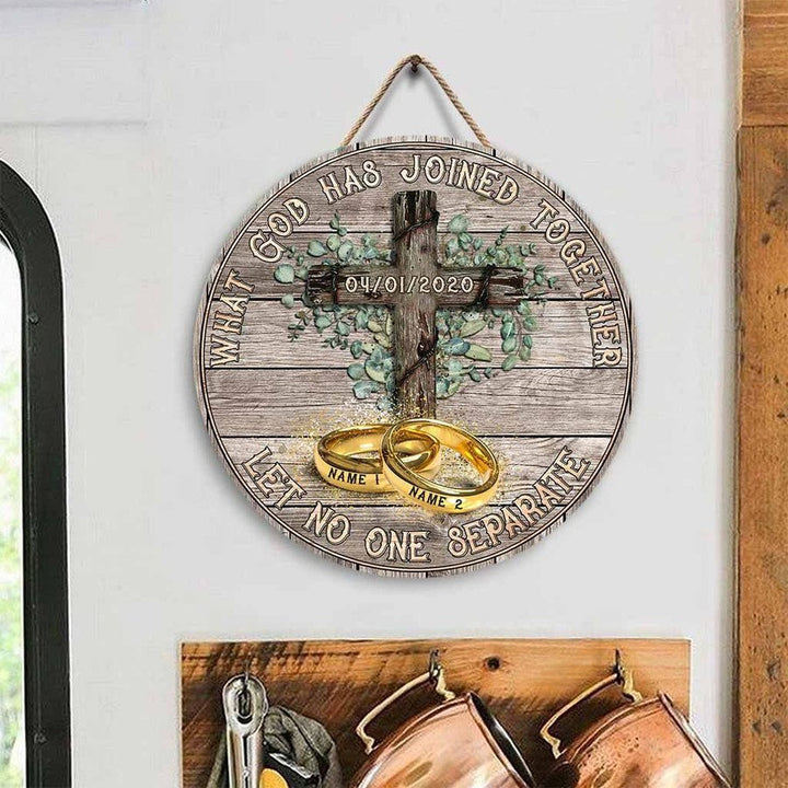 What God Has Joined Together Custom Round Wood Sign | Home Decoration | Waterproof | WN1598-Gerbera Prints.