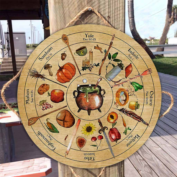 Wheel Of The Year Sample Round Wood Sign | Home Decoration | Waterproof | WS1096-Colorful-Gerbera Prints.